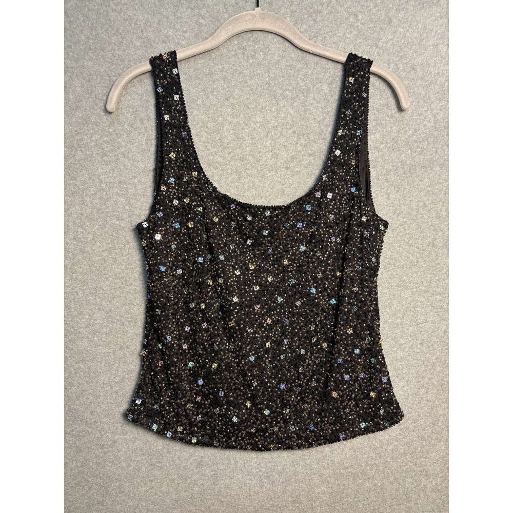 Vintage Sean Collection Black Beaded 100% Silk Tank Top Y2K Party Medium‎